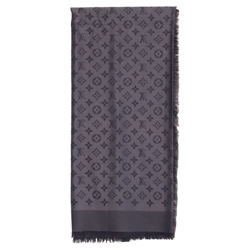 Louis Vuitton Monogram Fringed Scarf in Grey Silk